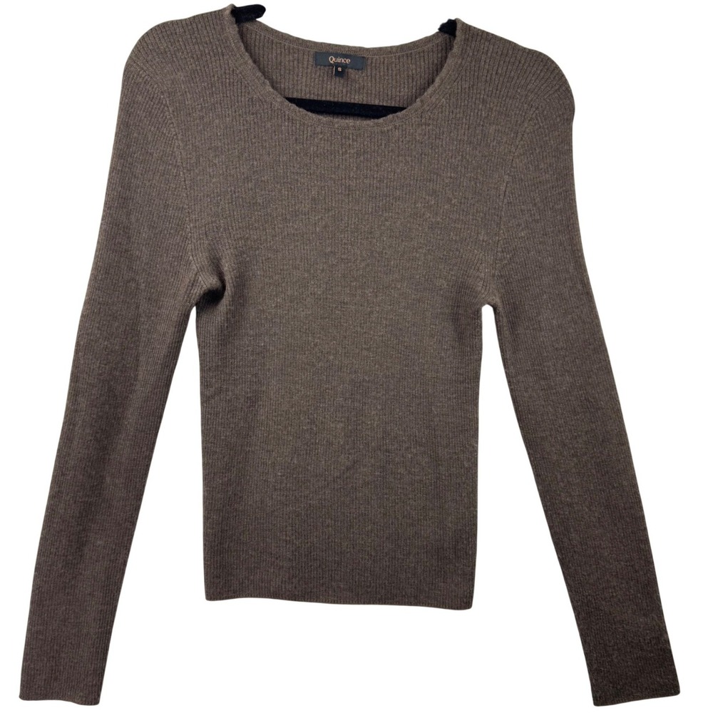 Quince Sweater Womens Small Brown Featherweight Cashmere Ribbed Crewneck Soft - Picture 2 of 14